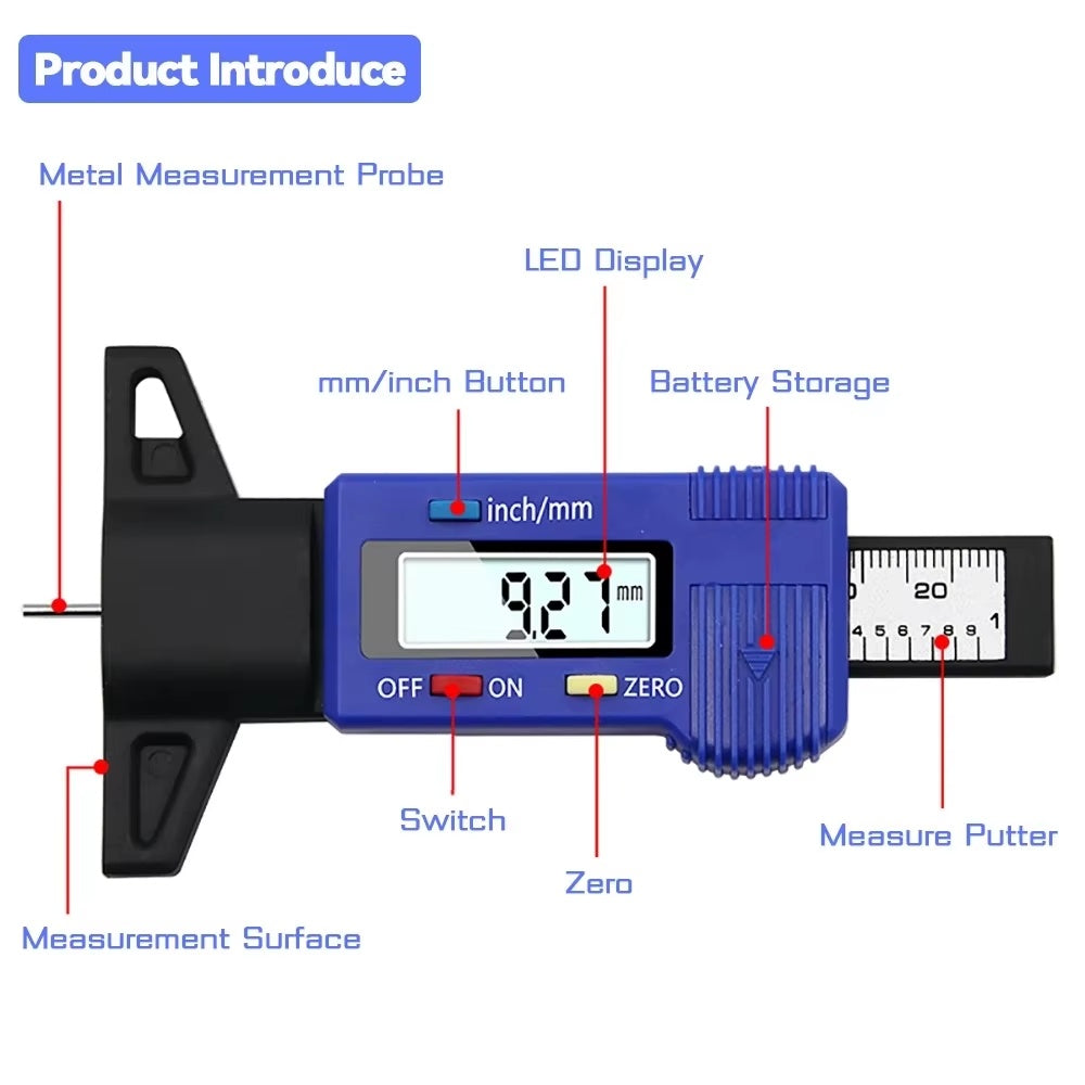 Digital tyre tread depth gauge controls and measurement probe
