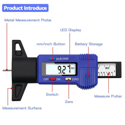 Digital tyre tread depth gauge controls and measurement probe