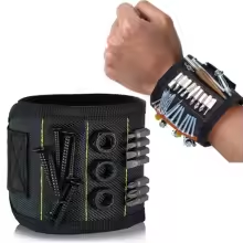 Magnetic tool wristband worn on the wrist with fasteners and drill bits