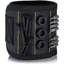 Black magnetic tool wristband holding screws and drill bits